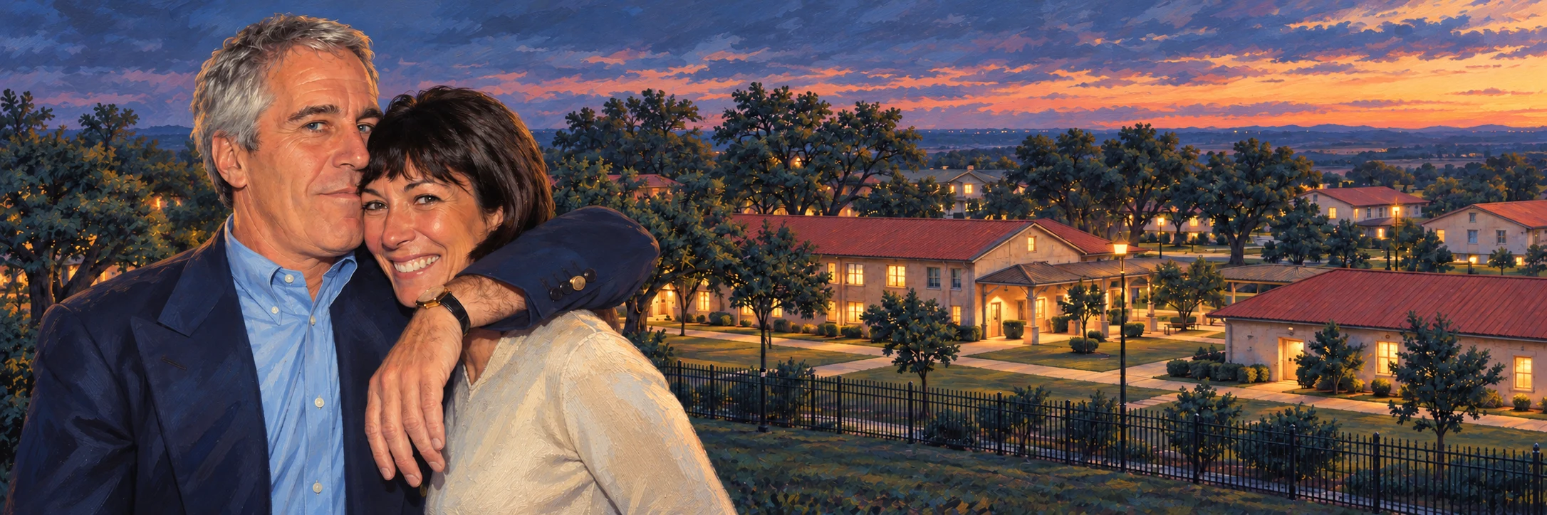 Editorial illustration of Ghislaine Maxwell and Jeffrey Epstein with Federal Prison Camp Bryan at dusk