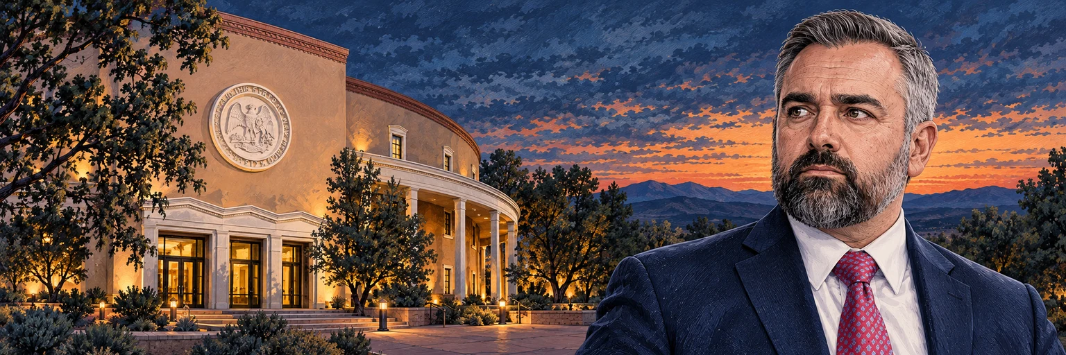 Editorial illustration of New Mexico Attorney General Raúl Torrez with the New Mexico State Capitol in Santa Fe.